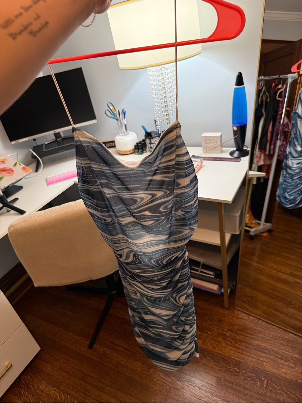 Blue Marble Print Slip Dress